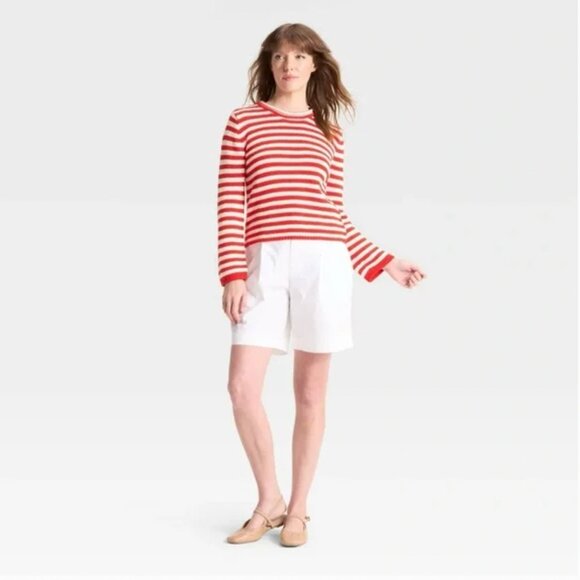 NWT SHRUNKEN CREWNECK PULLOVER SWEATER--RED/WHITE STRIPED--MEDIUM--A NEW DAY - Picture 3 of 6